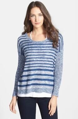Eileen Fisher Scoop Neck Denim-Look Top/Lightweight Sweater - L